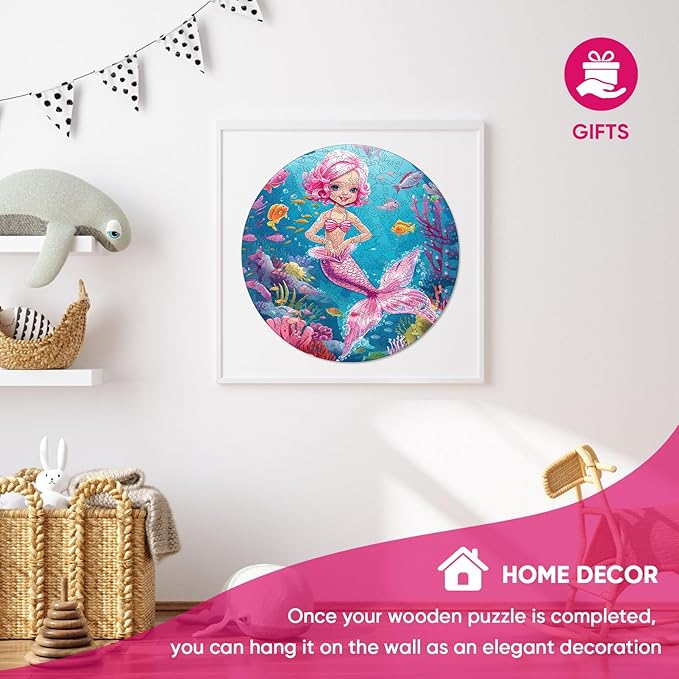 Wooden Puzzles for Adults, Mermaid Jigsaw Puzzles 200 Pieces, Unique Shape Puzzles with Wooden Box, 11.2 x 11.2 Inches Medium Size Family Game Gift, Fun Challenging Puzzles for Adults and Kids