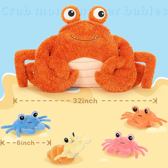 MorisMos 5 Pcs Crab Plush Stuffed Animal, 32" Large Mommy Crab with 4 Babies, Crabs Stuffed Plushies Gift for Girls Boys Kids