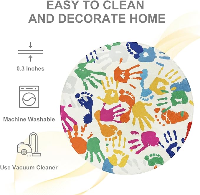 STARUIA Colorful Round Rug for Kids Bedroom, 4'x4' Handprints and Footprints Circle Rug for Playroom, Rainbow Washable Rug for Nursery, Small Circular Carpet for Classroom Dorm Daycare