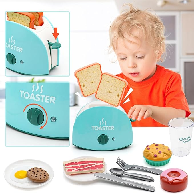 Pretend Play Kitchen Appliances Toy Set, Kids Kitchen Accessories Set - Coffee Maker, Toaster, Mixer, Blender with Light and Sound, Food Playset, Dishes for Girls Boys Kids Ages 3 4 5 6 7 8