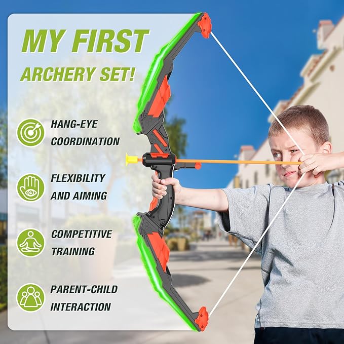 Bow and Arrow for Kids, LED Light Up Archery Set with 12 Suction Cup Arrows, 1 Standing Target, 3 Score Targets & 1 Quiver, Indoor Outdoor Sport Gifts for Boys Girls Ages 4-12, Green