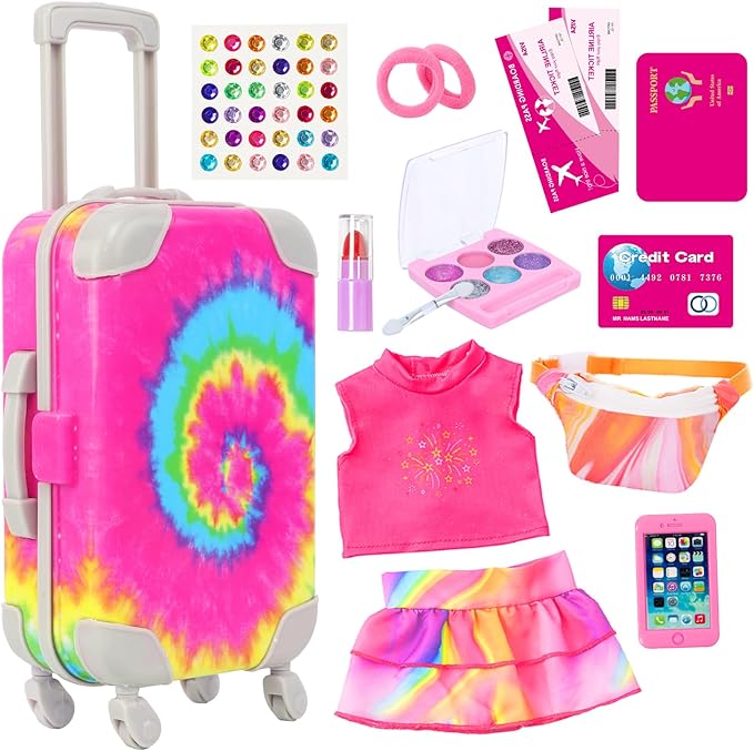 K.T. Fancy 14 PCS American 18 Inch Doll Travel Accessories Set - Rainbow Tie-Dye Suitcase Luggage with Waist Bag, Clothes, Makeup Kit, Phone Passport & Stickers (No Doll Included) Gift for Girls