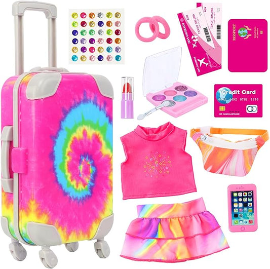 K.T. Fancy 14 PCS American 18 Inch Doll Travel Accessories Set - Rainbow Tie-Dye Suitcase Luggage with Waist Bag, Clothes, Makeup Kit, Phone Passport & Stickers (No Doll Included) Gift for Girls