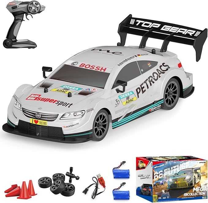 Dollox RC Drift Car 1/16 Scale Remote Control Car 2.4GHz 4WD 30+KM/H High Speed Vehicle with LED Lights, Extra Drifting Tires Racing Vehicle Toys Birthday Gifts for Adults Boys, 2 Batteries, Silver