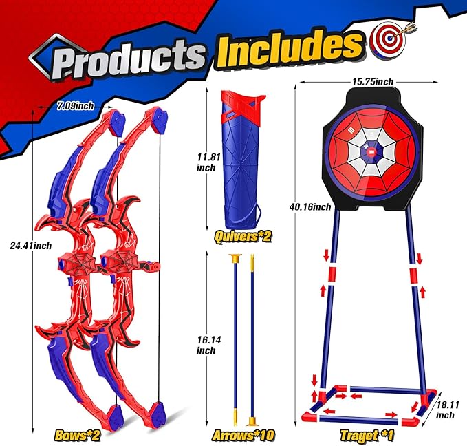 Spider Bow and Arrow for Kids, 2 Pack Archery Target Outdoor Toys Age 5-7 8-13 Boys Toys Light Up Shooting Games for 4 5 6 7 8-12 Year old Boy Birthday Gifts Bow Arrow Indoor Cool Stuff for Kid
