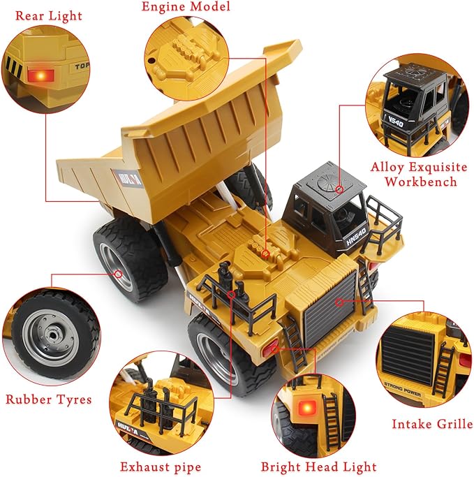fisca Remote Control Dump Truck 2.4Ghz 4WD RC Truck 6 Channel Mine Construction Vehicle Toy Machine Model with LED Light and Metal Cab for Kids