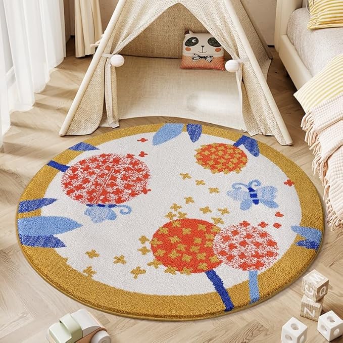 Poowe Round Butterfly Kids Area Rug Soft Fluffy Kids Construction Rugs for Playroom Nonslip Digger Nursery Rug for Boys Room,Round 31.5"