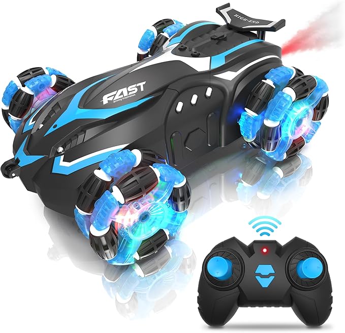 Eulogia RC Stunt Car with RGB Lights, 360° Drift & Rotation, All-Terrain Remote Control Car, Extra 2 Rechargeable Batteries, Spray, One-Key Demo, Gift for Kids Ages 5-12 (Blue)