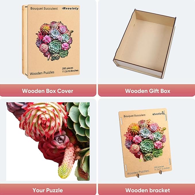 Wooden Puzzles for Adults, Colorful Succulent Puzzle for Mom, Challenging Puzzle, 200 Piece Luxurious Shaped Wooden Puzzles for Family Game Medium 11.3 * 10.5in