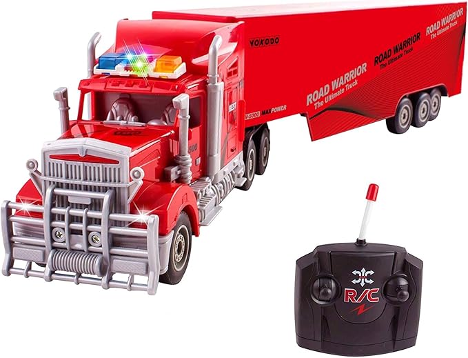 Vokodo RC Semi Truck and Trailer 23" with Lights Electric Hauler Remote Control Kids Big Rig Toy Carrier Van Transport Vehicle Ready to Run Semi-Truck Cargo Car Great Gift for Children Boys Girls Red