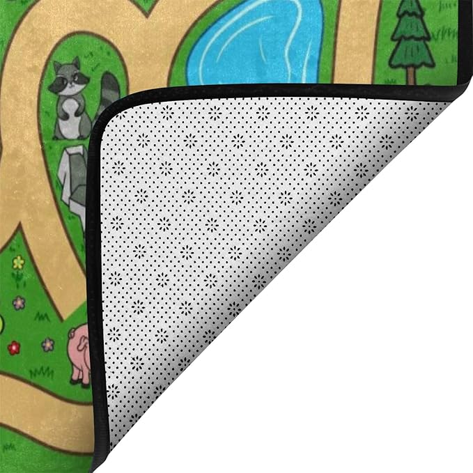 Kids Rug, Cartoon Maze Playmat Rugs - 5x7 Ft Kids Carpet with Rubber Backing, Forest Trees Animal Plant Theme Play Mat Nursery Rugs for Children Bedroom Playroom
