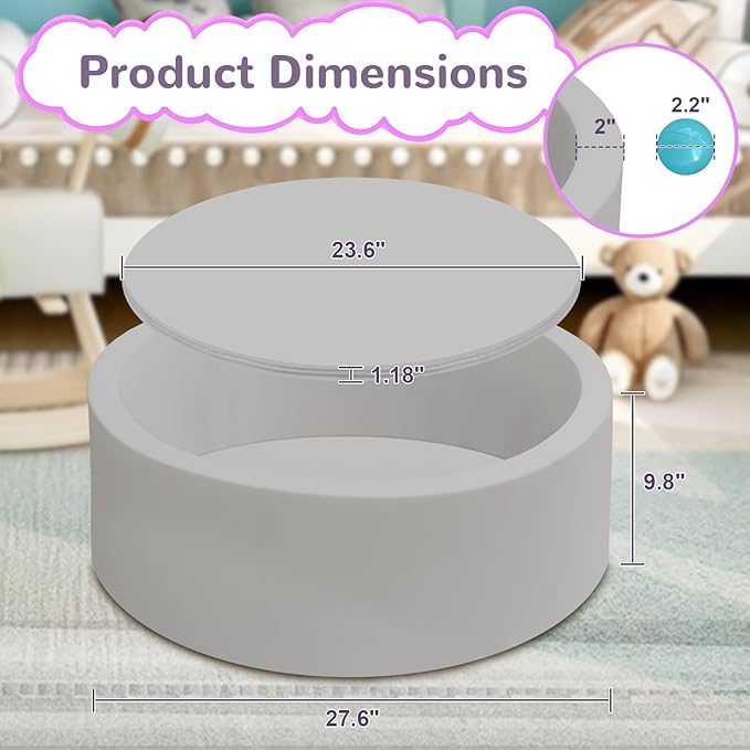 Baby Ball Pit 27.6" Soft Round Memory Foam Ball Pits NOT Included Balls Indoor Outdoor Playpen for Babies Toddlers Kids Great Gift for Girls Boys, Gray