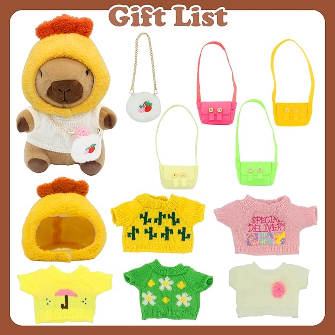 Capybara Plush with 12 Pcs Clothes & Accessories,11 in Cute Capybara Stuffed Animal Plush Toys Dress Up Cute Plushies for Girls