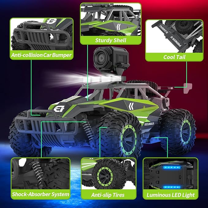 DEERC DE65 Remote Control Car with 1080P HD Camera,1:16 Scale RC Cars with LED Chassis Light&Headlights, 2.4Ghz High Speed Monster Truck Toy Vehicle, 2 Batteries for 60 Mins Play, Gift for Kids Boys