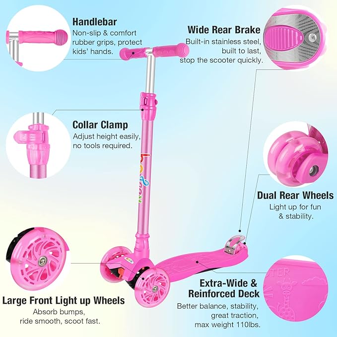 BELEEV A2 Scooters for Kids 3 Wheel Kick Scooter for Toddlers Girls Boys, 4 Adjustable Height, Lean to Steer, Light up Wheels, Extra-Wide Board, Easy to Assemble for Children Gift Sport Toys Ages 3-12