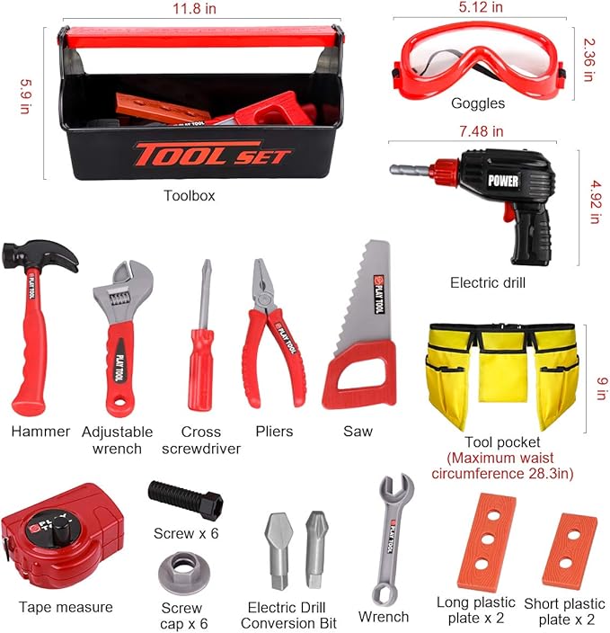 LOYO Kids Tool Set - Pretend Play Construction Toy with Tool Box Kids Tool Belt Electronic Toy Drill Construction Accessories Gift for Toddlers Boys Ages 3 , 4, 5, 6, 7 Years Old (red)