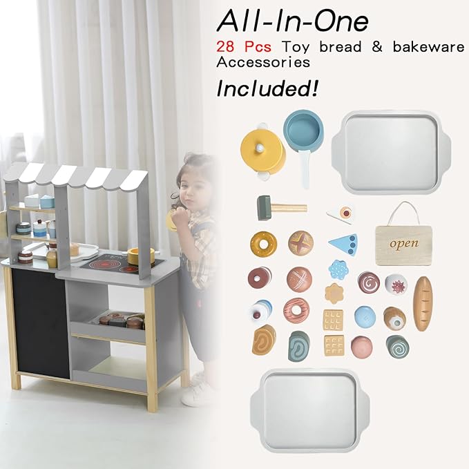 Wooden Play Kitchen Set for Kids, Kids Kitchen Playset Chef Pretend Cooking Set for Toddlers, Children Toys Kitchen with 28 Pcs Toy Bread & Bakeware Accessories