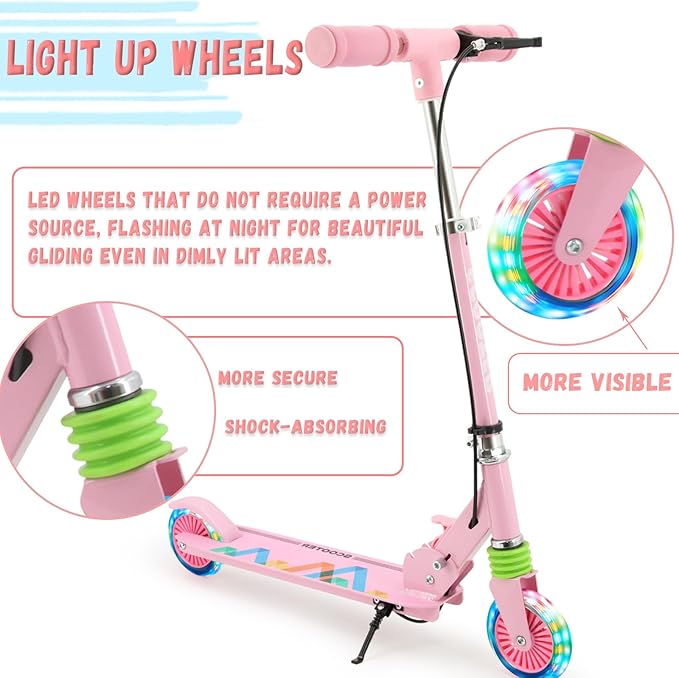 TENBOOM Scooter Kids Scooter with Handbrake, Toddler Scooter Scooters for Kids 3+, Light up LED Wheels Toys for Kids, Adjustable Handlebar, Foldable Scooter for Kids