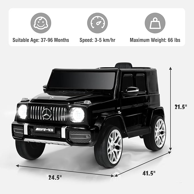 OLAKIDS 12V Kids Ride On Car, Licensed Mercedes Benz G63 Electric Vehicle with Remote Control, Double Open Doors, Music, Bluetooth, 2 Speeds, Wheels Suspension, Battery Powered Driving Toy (Black)
