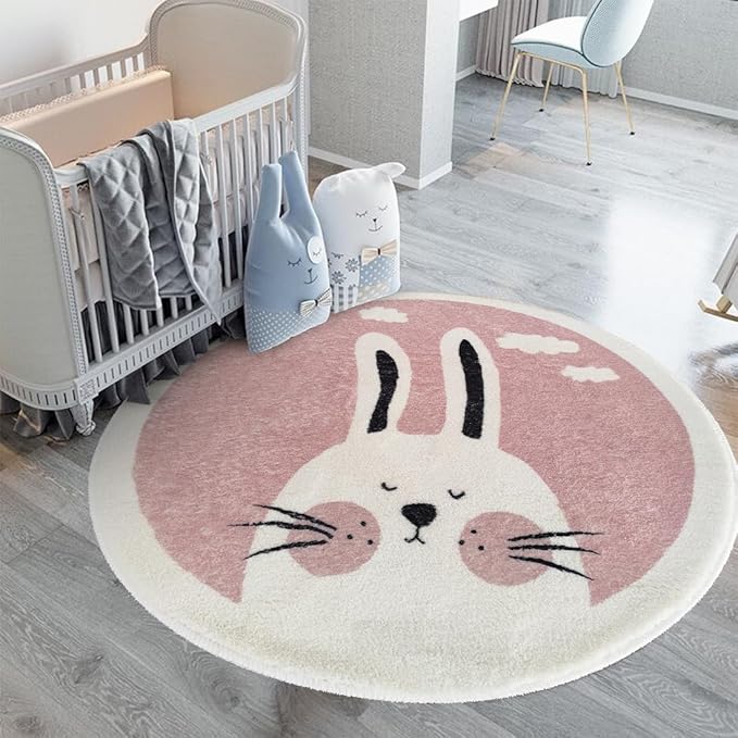 Poowe Pink Rabbit Soft Plush Round Rug for Kids Room - 4 ft Alphabet Non Slip Nursery Bedroom Playroom Washable Classroom ABC Circle Rug for Kids Baby Toddlers