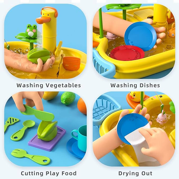 3-IN-1 Play Sink with Running Water, Kids Kitchen Sink Toys with Electric Duck Faucet, Pretend play kitchen accessories, play food, Water Slide Track, Pool Floating Fishing Game Gift Toy for BoysGirls