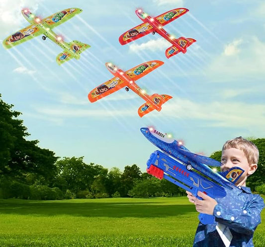 3 Pack Airplane Launcher Toy Kids, Led Foam Glider Fighters Outdoor Toys, 3 Flight Mode Foam Flying Toy 4 5 6 7 8 9-13 Year Old Boys Girls Birthday Gifts