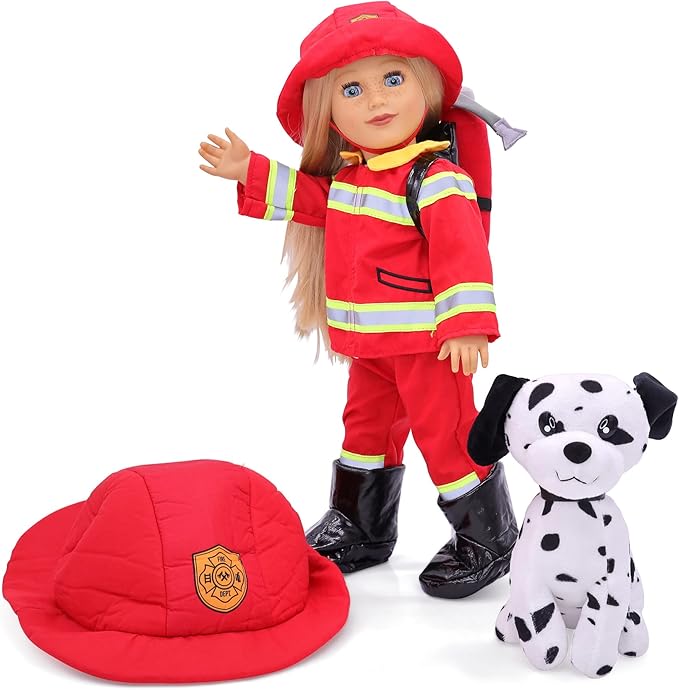 Playtime by Eimmie 18 Inch Doll Clothes - Firefighter Outfit, Matching Hat & Pet Dog Accessories Set - Outfits Fit American, Generation & Similar 18” Girls Dolls - Clothing Sets & Stuff for My Doll