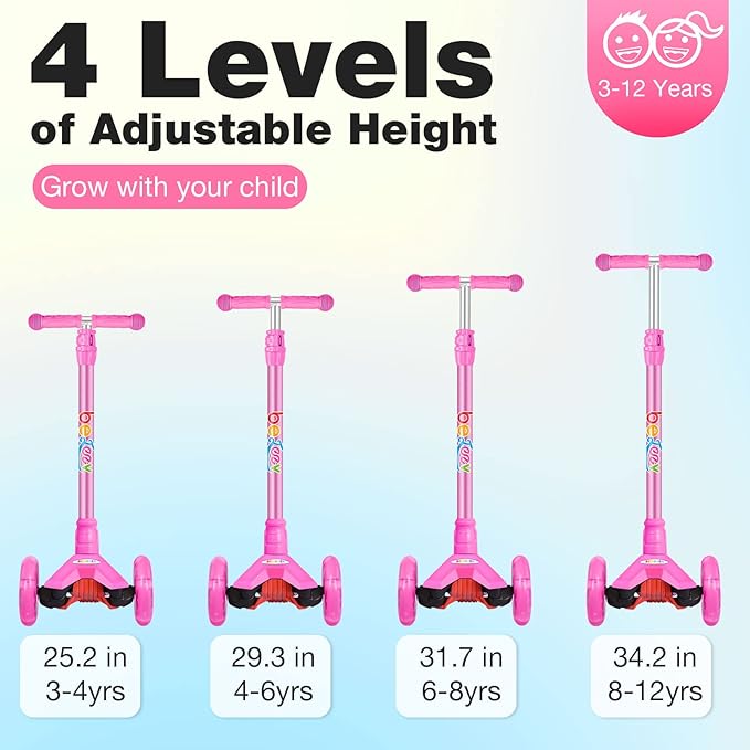 BELEEV A2 Scooters for Kids 3 Wheel Kick Scooter for Toddlers Girls Boys, 4 Adjustable Height, Lean to Steer, Light up Wheels, Extra-Wide Board, Easy to Assemble for Children Gift Sport Toys Ages 3-12