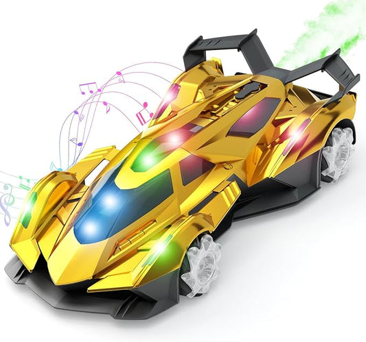 SASBSC Remote Control Car Toy for Boys Age 8-12, 1:12 Scale Gold Lambo Toy with 360°Rotating Drifts Colorful Lights、Spray& Musics, Speed 10-12km/h RC Race Toy Car for Boys Girls Birthday