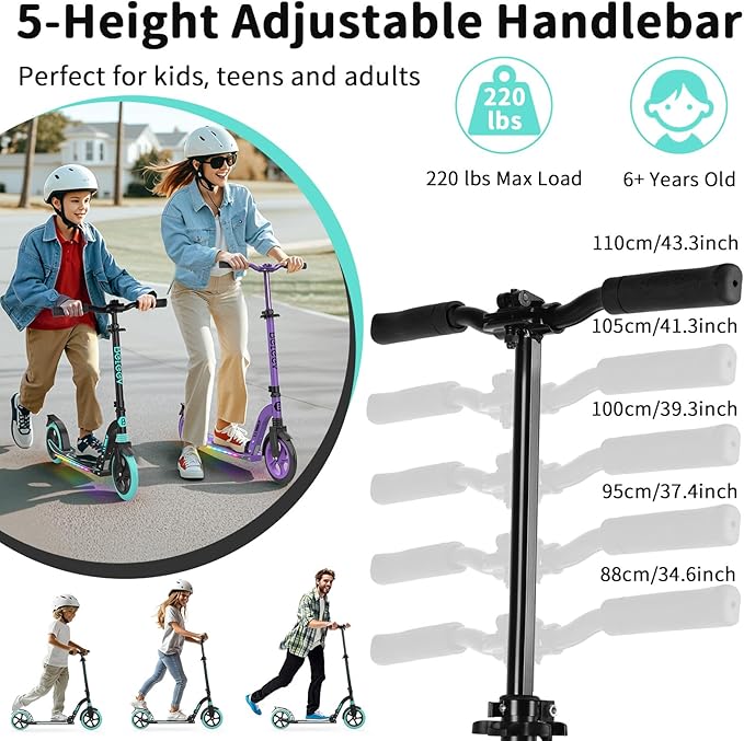 BELEEV V8 Scooters for Kids Ages 6+ with Light-Up Deck, 2 Wheel Folding Scooter for Adults Teens, 4 Adjustable Height, Lightweight Sport Commuter Scooter, Sturdy Frame, Max Load 220 lbs