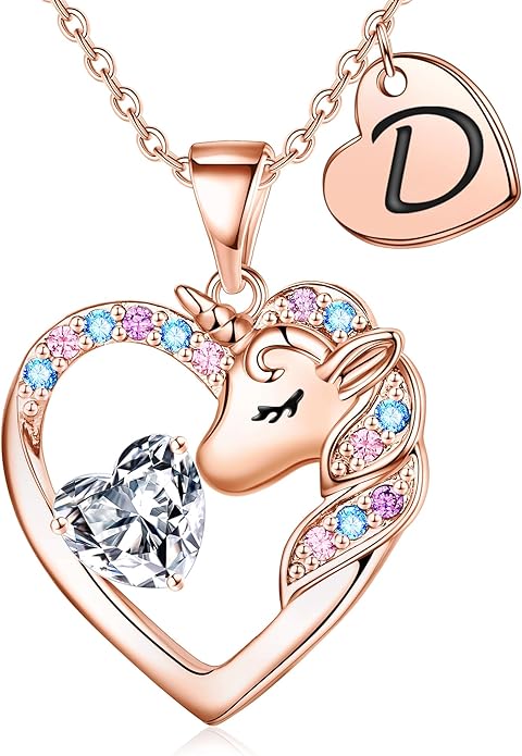Necklace for Girls Kids Gifts - Colorful CZ Heart Initial Necklaces Unicorn Necklace for Girls Jewelry Birthday Graduation Gifts for Little Girl Kids
