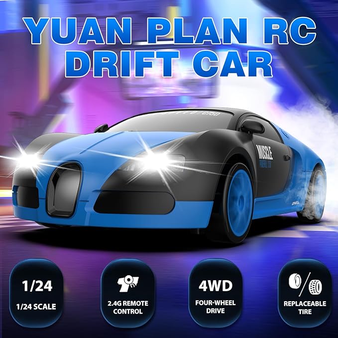 RC Drift Car, 1:24 Remote Control Blue High Speed Race Drifting Cars, 2.4GHz 4WD Electric Sport Racing Hobby Toy Car with Headlight and Double Batteries for Boys and Girls Adults