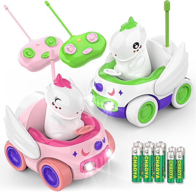 2 Pack Unicorn Remote Control Car for Toddler, Unicorns Gifts for Girls and Boys, Car Toys for Kids with LED Lights and Music, Christmas Birthday Gifts for Baby 2 3 4 5 Year Old