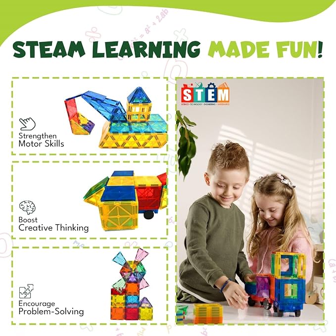 Magnetic Tiles 136 PCS with 2 Cars and 8 Extra Alphabets – STEM Building Blocks for Kids, Educational Gift for Boys & Girls