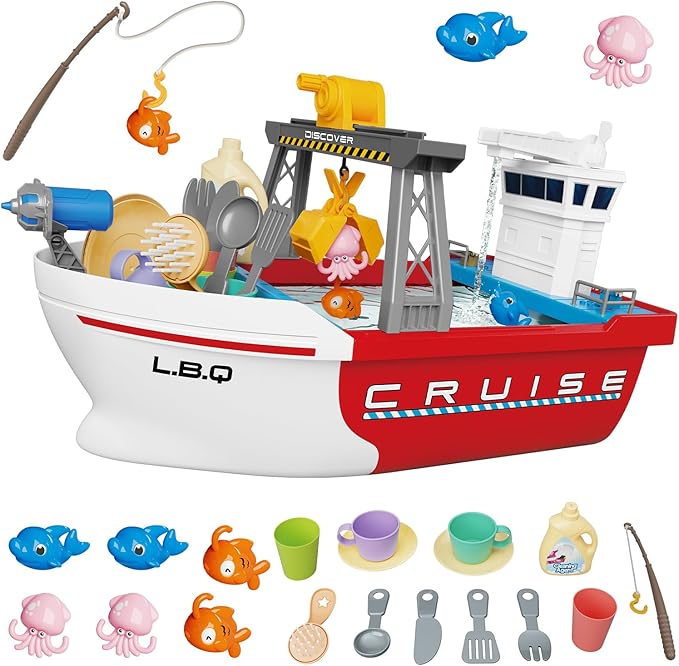 Ship Toy, Toy Boats for Water Play, Kids Bath Toy with Mini Fishes & Tools Dolls, Bathtub Bathroom Pool Beach Toy Set for Toddlers Boys, Toy Boats for Pool