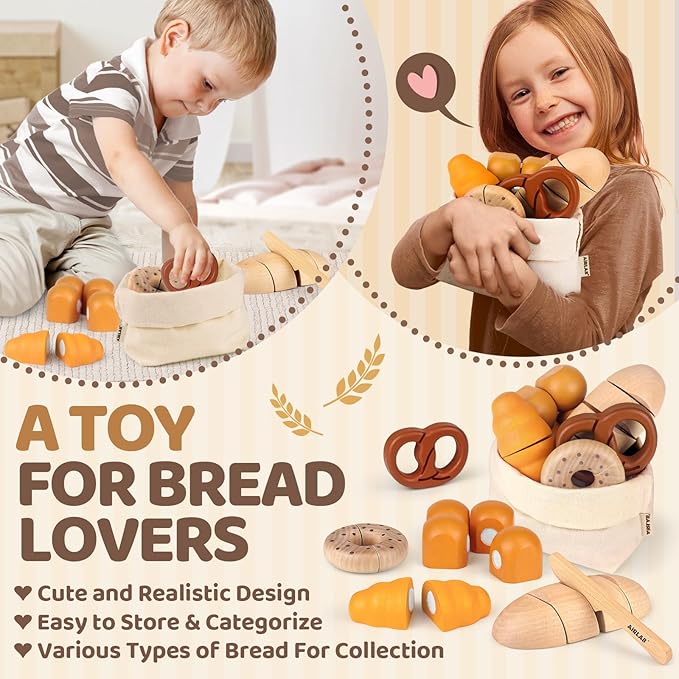Wooden Play Food Bakery Toy Sets for Kids Kitchen Grocery Pretend Food Accessories Playsets for Toddler 1-3 Ages 4-8 Birthday Gift for Boys Girls Educational Toys