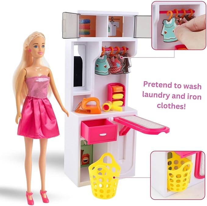 Doll Mini Bathroom Laundry Playset for Kids, House Furniture Pretend Play Toy Accessories Set with Realistic Lights & Sounds for Toddlers, Girls (4-in-1 Bathroom Set)