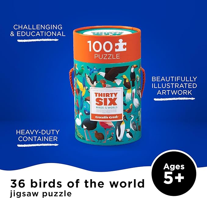 Crocodile Creek 100-Piece Jigsaw Puzzle for Kids Ages 5 and Up - Fun and Educational Table or Floor Puzzles - Storage Canister with Handle - Birds - 14” x 19” Finished