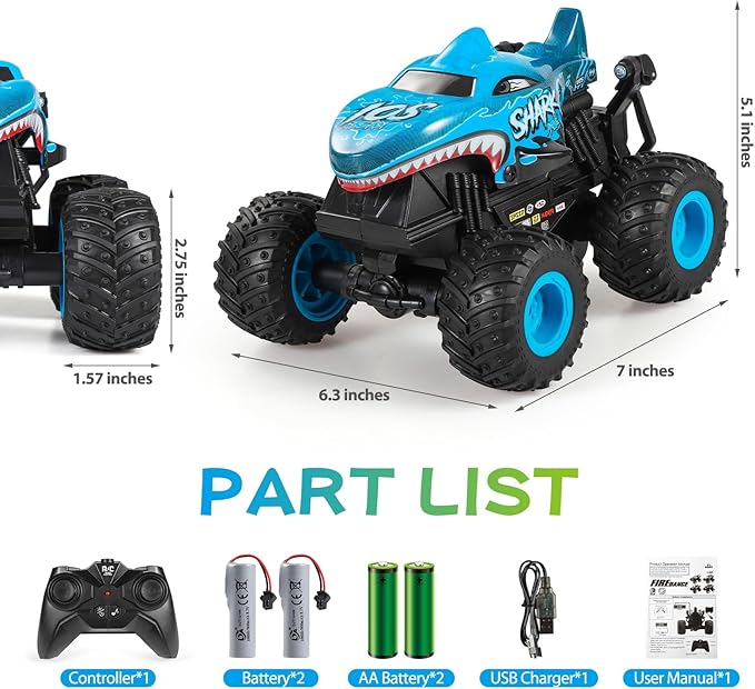 Remote Control Car, 2.4Ghz All Terrain Shark Monster Truck Toys, RC Truck with Music, 3 Lighting Effects, 360 Stunt Capable, All Included Ready to Run, Toy Gifts for Boys and Girls (Blue)