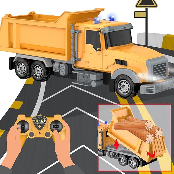 Remote Control Construction Vehicle Toy, 6 Channel RC Dump Truck with 2 Rechargeable Batteries, 1/24 Scale, Birthday Gift Idea for Boys 3-8 Years