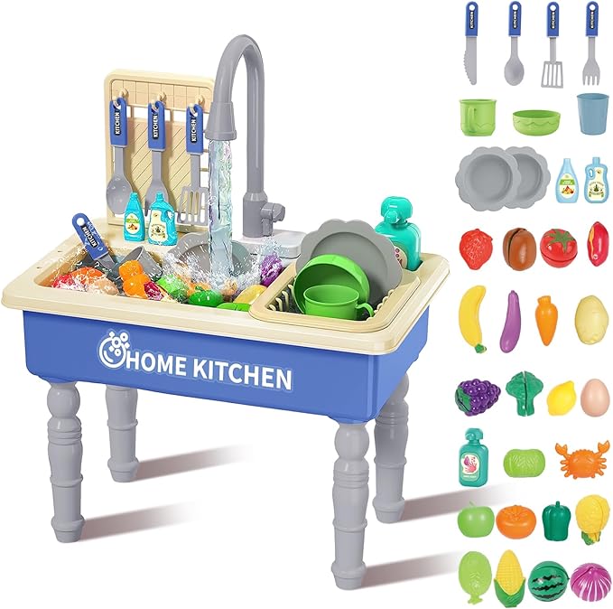 deAO Play Kitchen Toy Sink Toys with Cutting Food,Dishwasher Playing Toy with Running Water, Role Playing Game Pretend Food,44 PCS Kitchen Accessories Set for 3 4 5 Years Old Girls Boys Blue