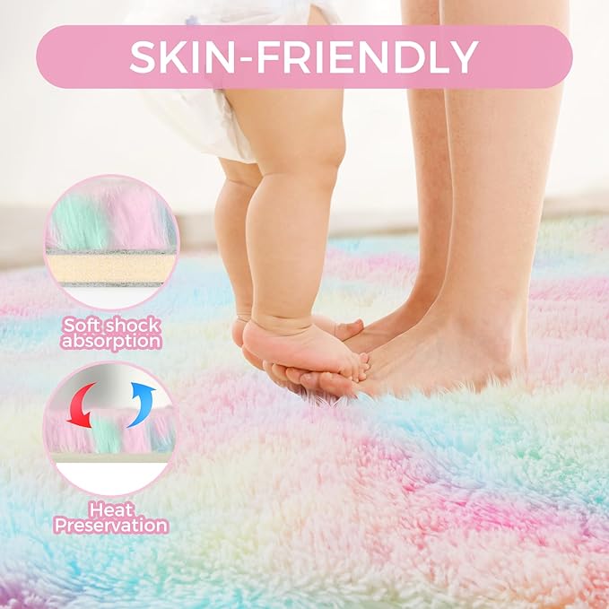 Fluffy Colorful Rug for Living Bedroom, Rainbow Fluffy Soft Plush Area Rugs for Girls Bedroom, Fuzzy Nursery Rug for Baby's Toddler's，Clorful Room Decor for Teenage, Easy-Cleaning, Non Shedding, 3X4