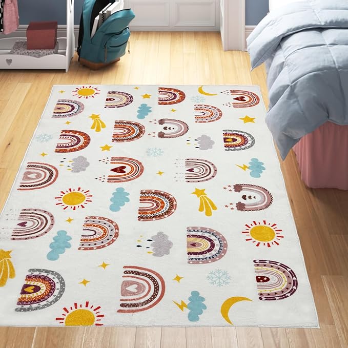 Boho Rainbow Soft Kids Play Rug, Washable Foldable Baby Crawling Floor Mat, Non Slip Nursery Area Rug for Children Living Room Playroom Classroom Bathroom Bedroom Kids Room Decor