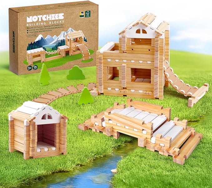 Jovi-mindly＆Notchies 96 PCS Wooden Blocks Wooden Toys with Storage Bag, Preschool Learning Toys Wood Blocks Building for Kids Ages 4-8 Creative Construction Game,FSC Certified,Graduate Gifts