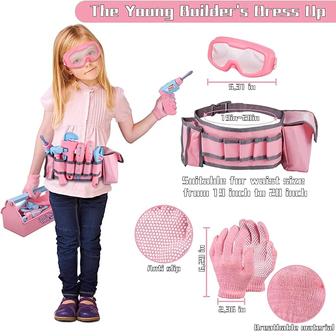 Kids Tool Set, 48PCS Toddler Tool Set with Electronic Toy Drill & Kids Tape Measure,Pretend Play Construction Toys Costume with Kids Tool Belt & Gloves,Toy Tools Box for Girl Boy Ages 3-8