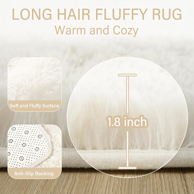 Amearea Premium Soft Fluffy Area Rug Modern Shag Carpet, 3x5 Feet, Fuzzy Shaggy Rugs for Bedroom Living Room Teen Apartment Decor, Comfortable Indoor Furry Dorm Carpets, Cream