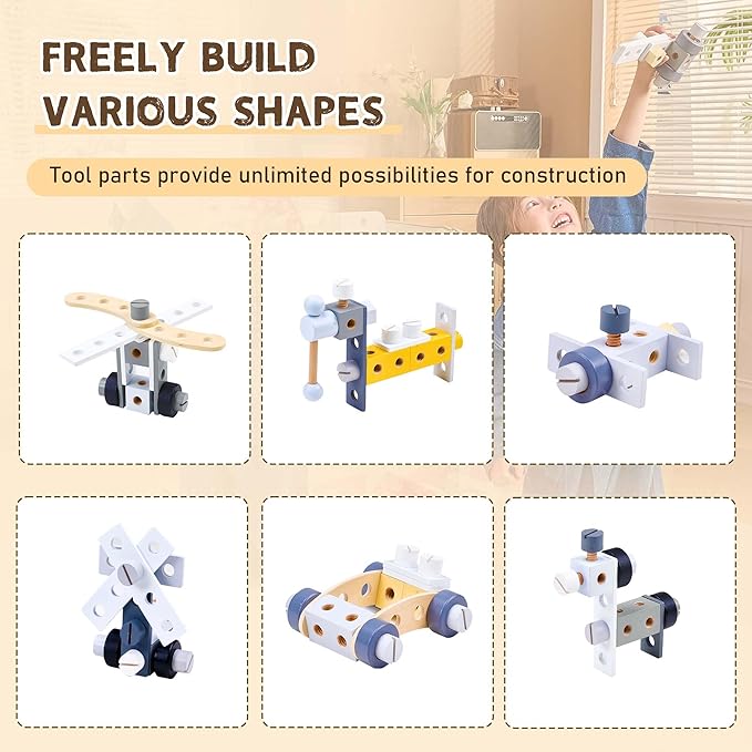 Kids Tool Bench with Sturdy Wood, Toddler Workbench with Realistic Toy Construction Set, Toy Tools Set and Multiple Ceative Pieces for 3-6 Year Old Boys and Girls, Yellow