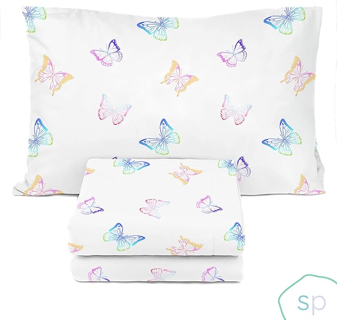 Saturday Park Ombre Butterflies Twin Sheet Set - 3 Piece 100% Organic Cotton Sheets - GOTS & Oeko-TEX Certified