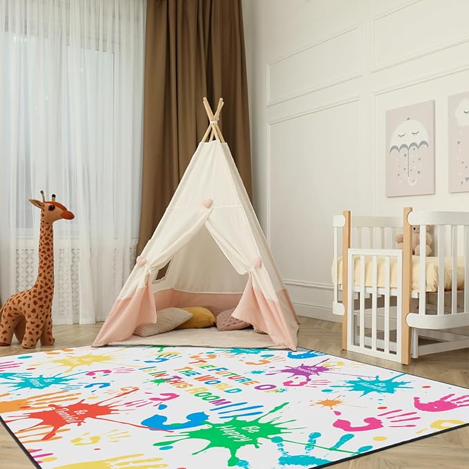 Colorful Handprints Kids Rug for Playroom,Non-Slip Rugs for Babies and Infants,Large Area Rugs for Classroom,Play Rug for Kids Bedrooms,Ultra Soft Carpet Play for Nursery Washable 78.7 X 118.1 inch