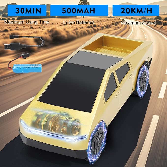 Remote Control Pickup Truck, 1/24 Scale Racing Car Model, Rechargeable Battery & Light and Loadspace, for Adults and Boys (Gold)